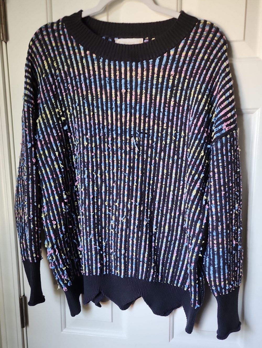 Suzanne Betro Black Ribbed Crewneck Sweater with Pastel Speckle